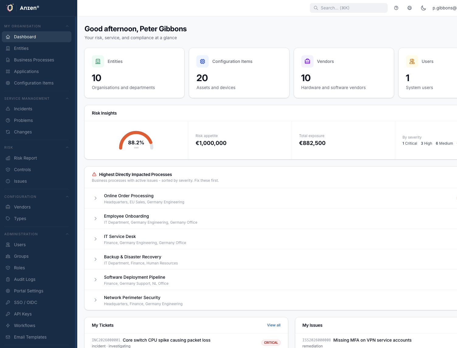 Anzen Risk Register showing application-scoped risks with inherent and residual scoring, treatment strategies, and linked controls